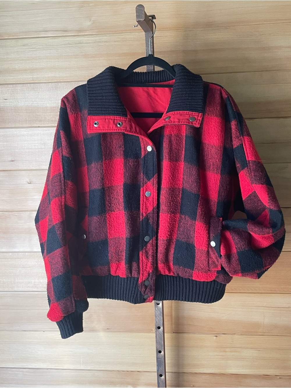 Vintage Izzi Red & Black Buffalo Plaid Bomber Jacket Reversible- Women's